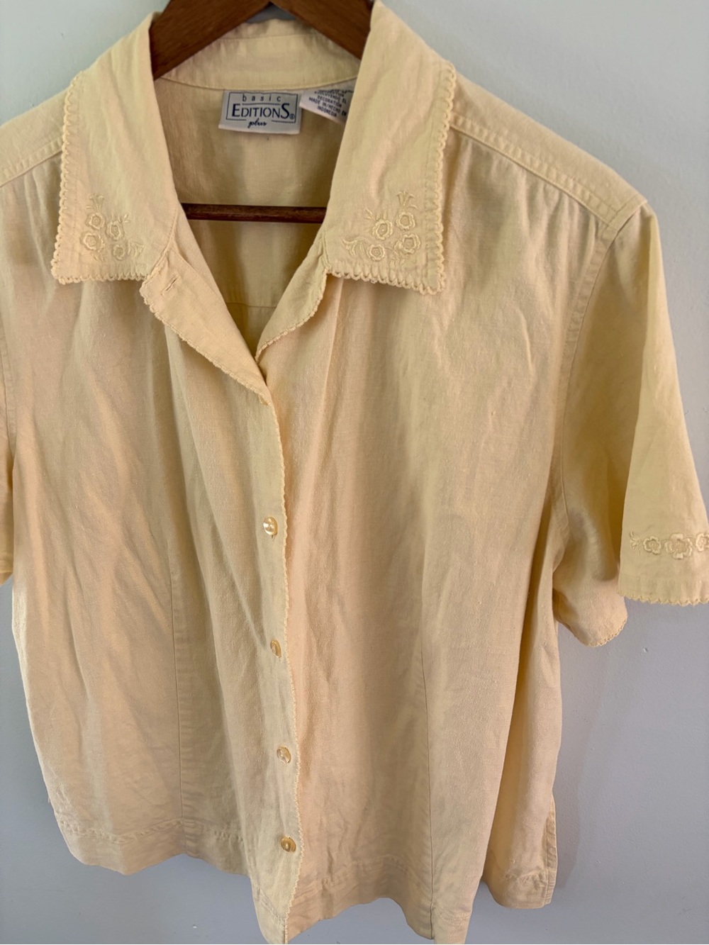 Linen Cotton Floral Embroidered Short Sleeve Cream Butter Button Front Shirt